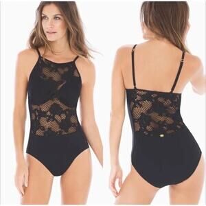 AMORESSA MIRACLESUIT NWT Black Crochet Lace High Neck One Piece Swimsuit US 14